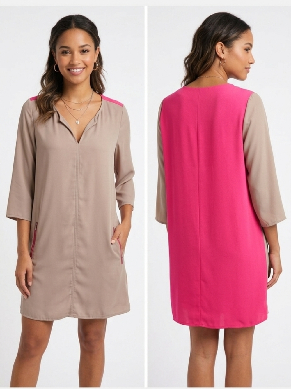 Umgee Color Block Three-quarter Sleeve Shift Dress Tan & Coral Womens size Large
